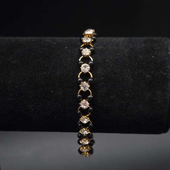 Rhinestone Black Beaded Bracelet Gold Tone Links Petite Dainty - Picture 2 of 8
